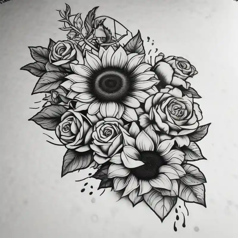 sunflower and roses floral sleeve tattoo cute tattoo idea – Blackwork, Colores vivos